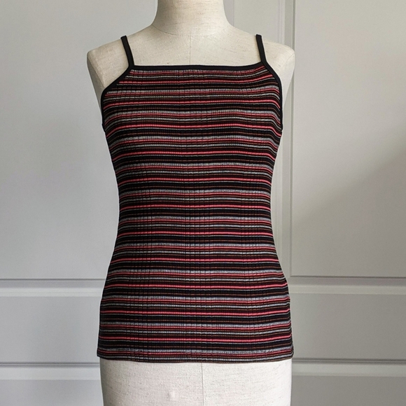 Joie Tank Top Square Neckline Striped Stretch Rib Knit Fitted Black Multi S NWT - Picture 1 of 11